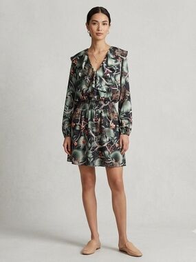 Johanna Ortiz And H&M Green Botanical Ruffle-Trim Long-Sleeve Dress Size Large
